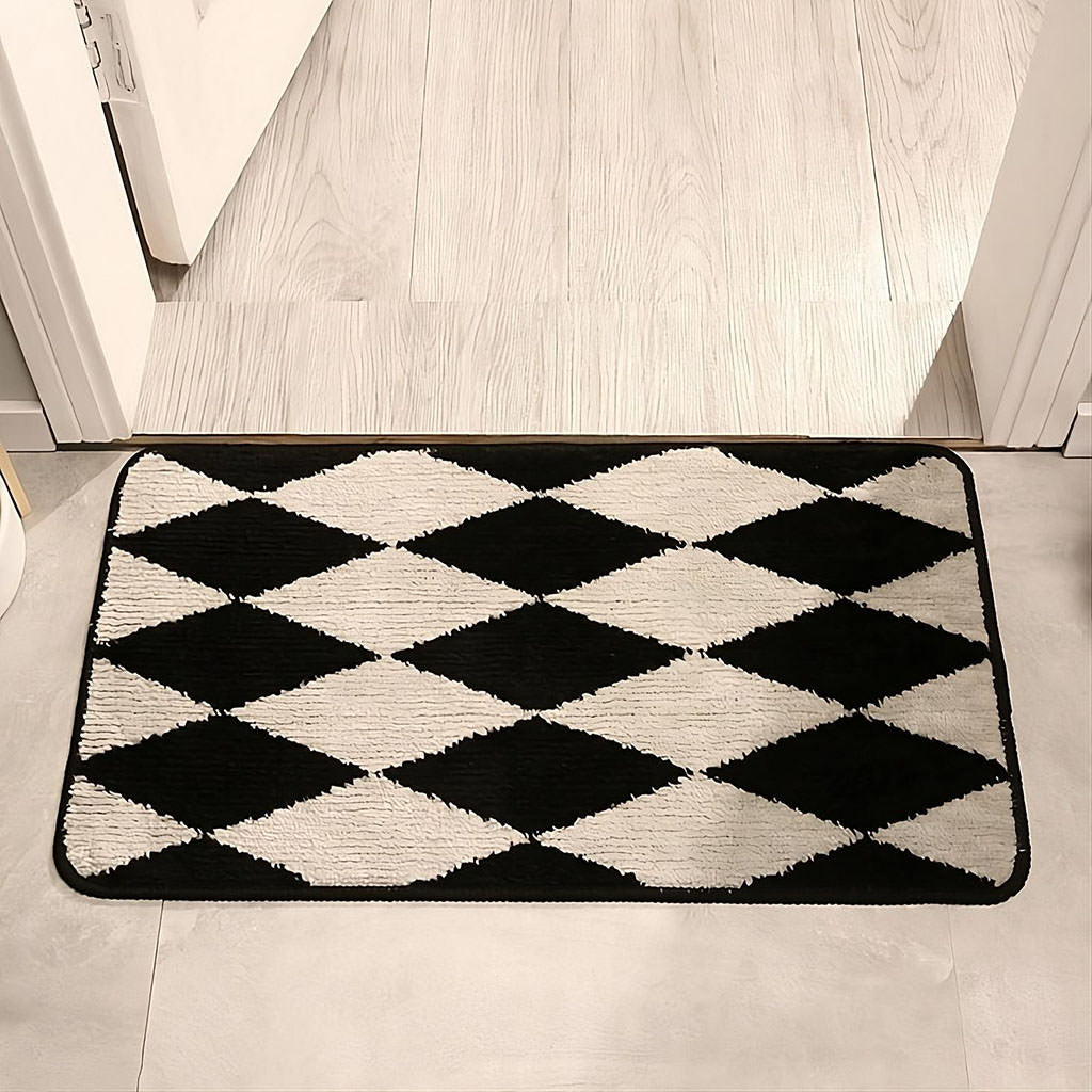 black and white argyle print accent rug