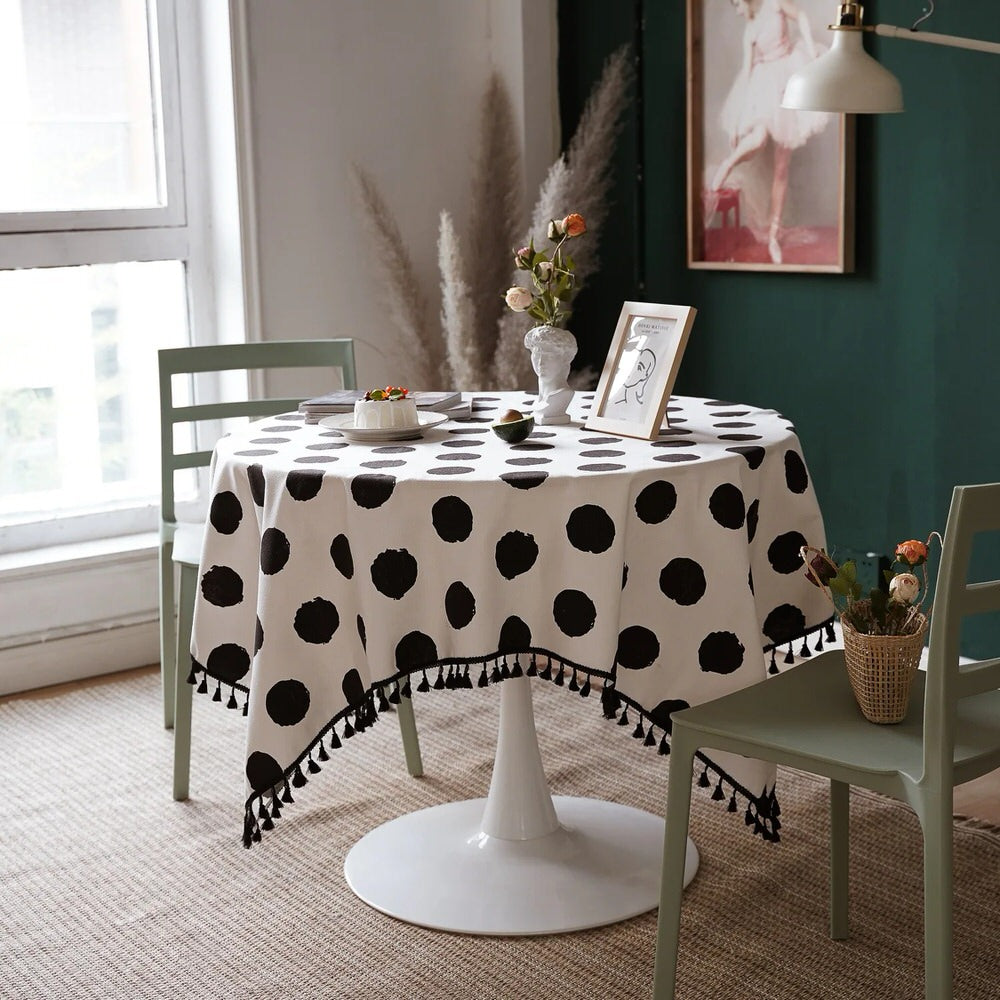 black and white polka dot print aesthetic tablecloth desk decor roomtery