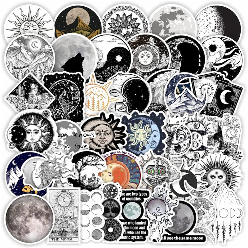 black and white sun and moon print aesthetic sticker pack roomtery