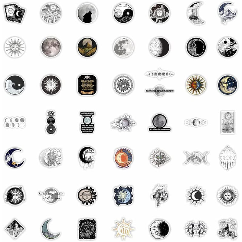 black and white sun and moon print aesthetic sticker pack roomtery