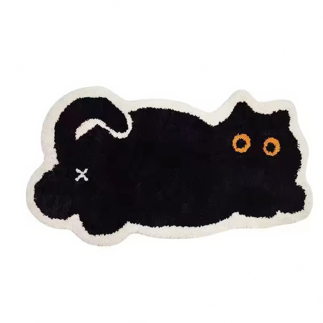 Black cat-shaped tufted rug with white border on a white background