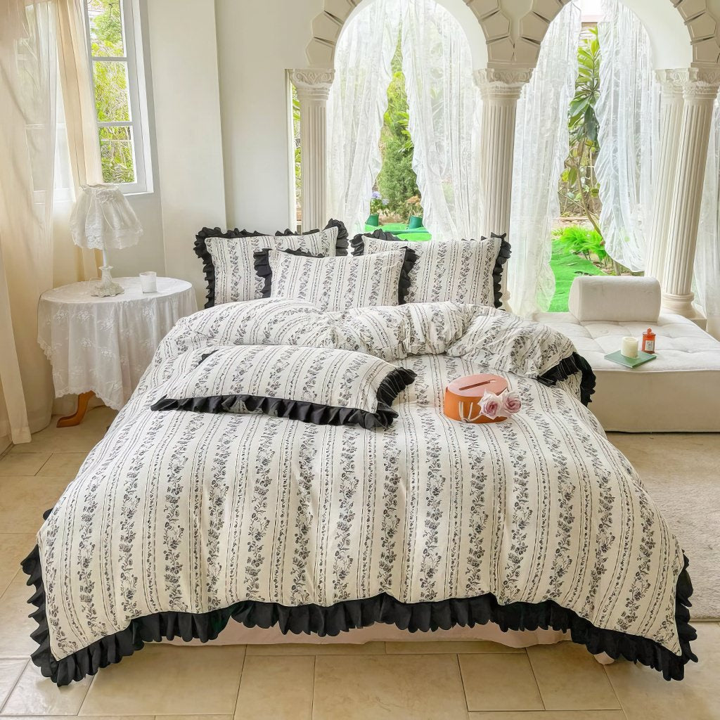 coquette aesthetic black ruffles and floral print bedding duvet cover set