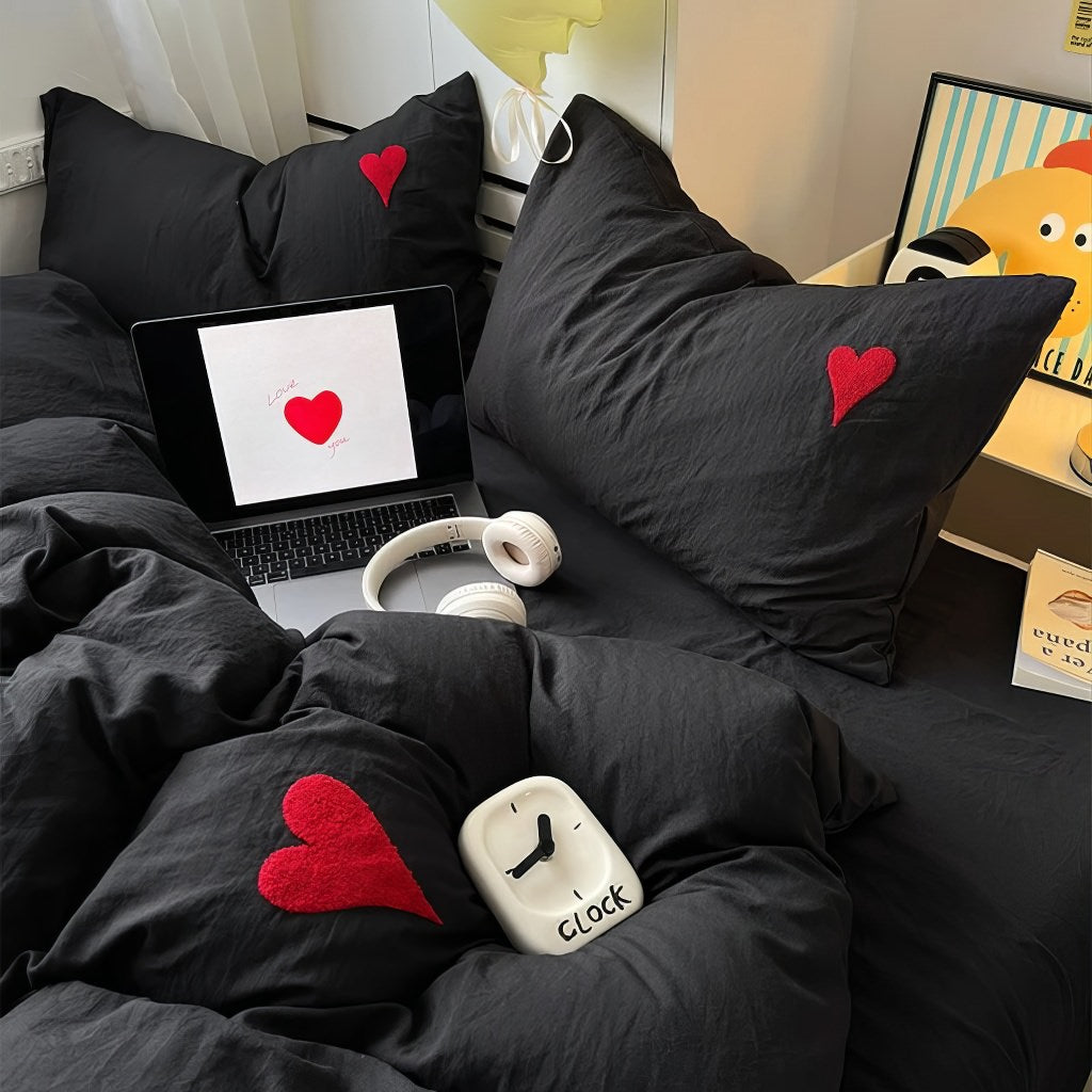 black washed cotton bedding duvet cover set with red embroidered hearts decoration