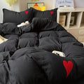 black washed cotton bedding duvet cover set with red embroidered hearts decoration