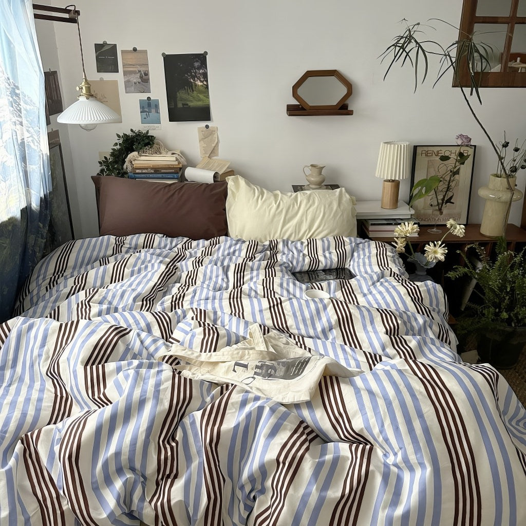 blue and brown striped bedding duvet cover set