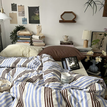 blue and brown striped bedding duvet cover set