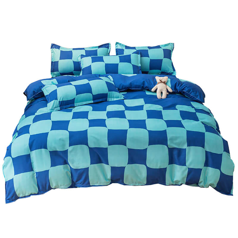 cute distorted blue checker aesthetic bedding set roomtery