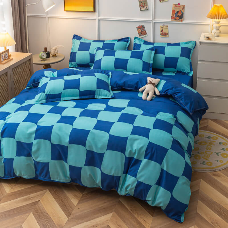 cute distorted blue checker aesthetic bedding set roomtery