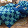 cute distorted blue checker aesthetic bedding set roomtery