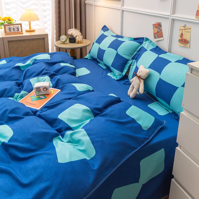 cute distorted blue checker aesthetic bedding set roomtery