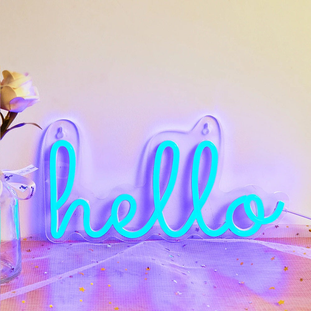 hello word in blue color wall hanging led neon sign roomtery