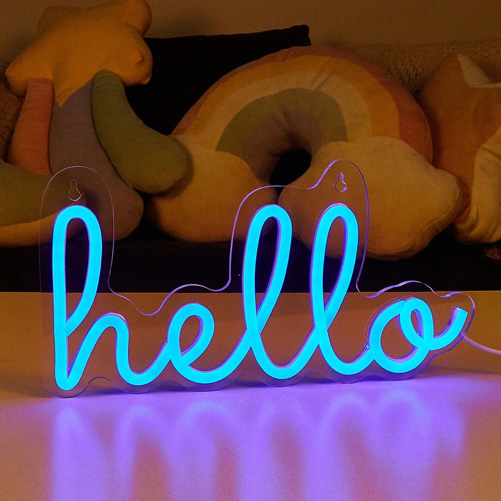 hello word in blue color wall hanging led neon sign roomtery