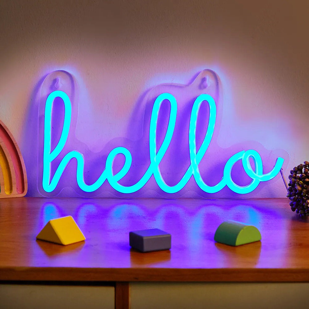 hello word in blue color wall hanging led neon sign roomtery