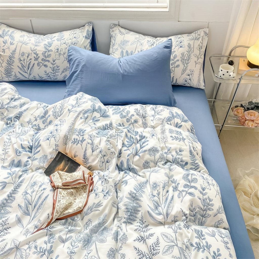 blue monochrome floral print bedding duvet cover set 