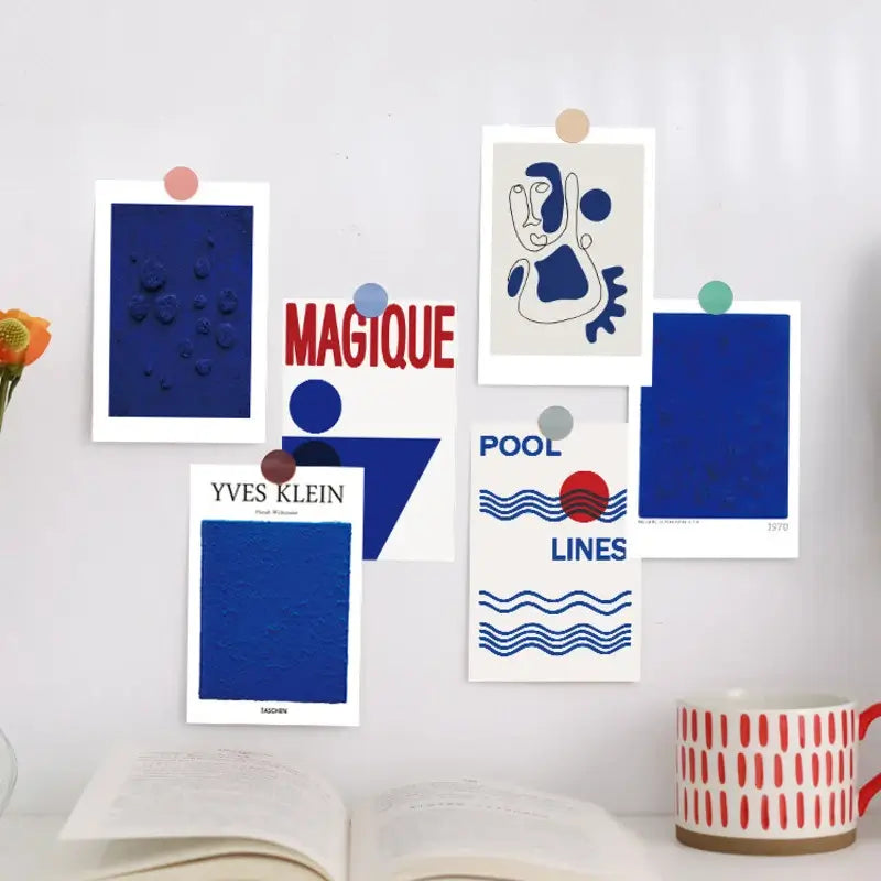 minimalist modern art blue prints wall collage postcards roomtery