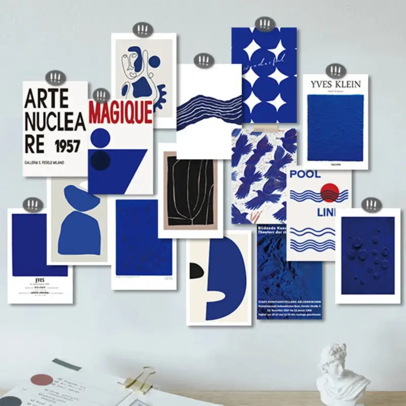 minimalist modern art blue prints wall collage postcards roomtery