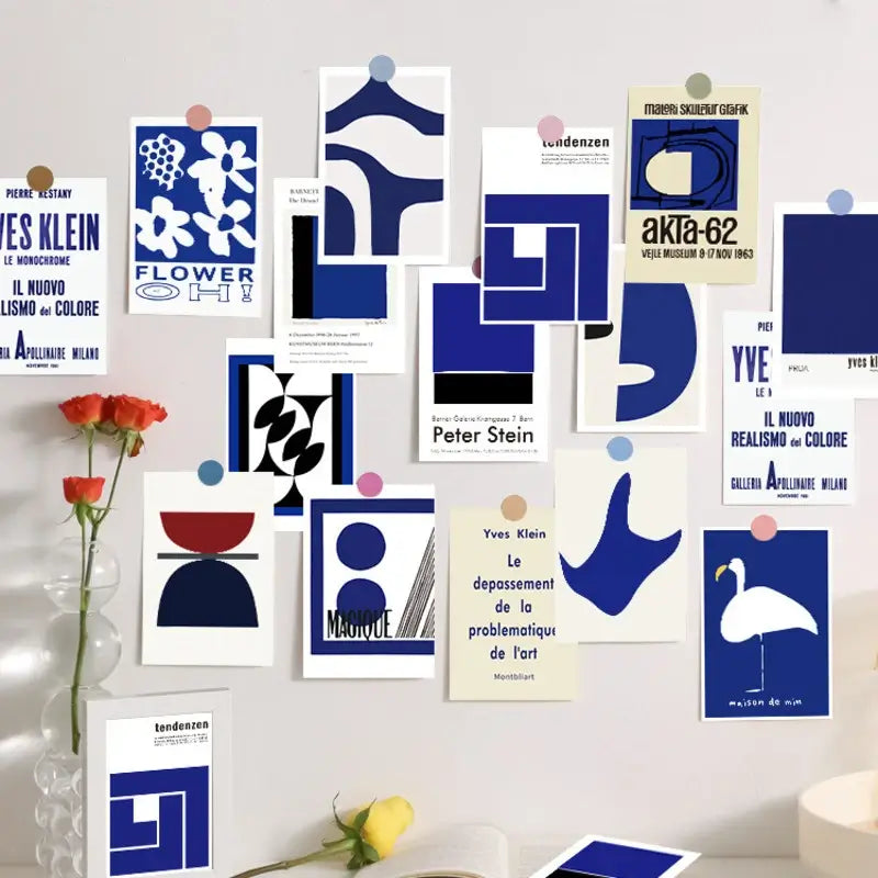 minimalist modern art blue prints wall collage postcards roomtery