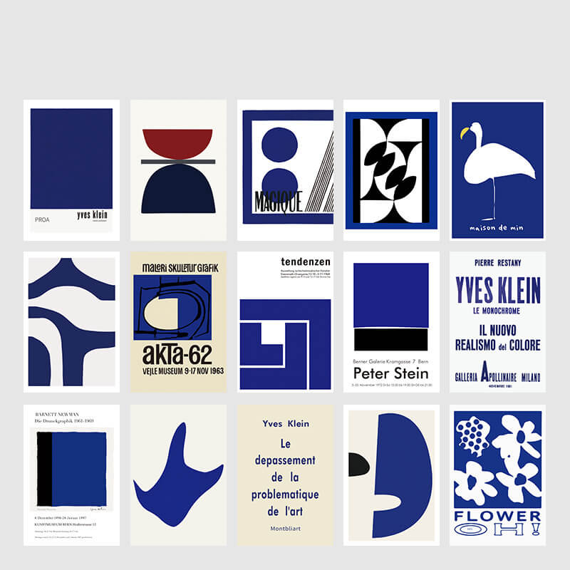 minimalist modern art blue prints wall collage postcards roomtery