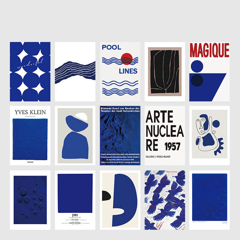 minimalist modern art blue prints wall collage postcards roomtery
