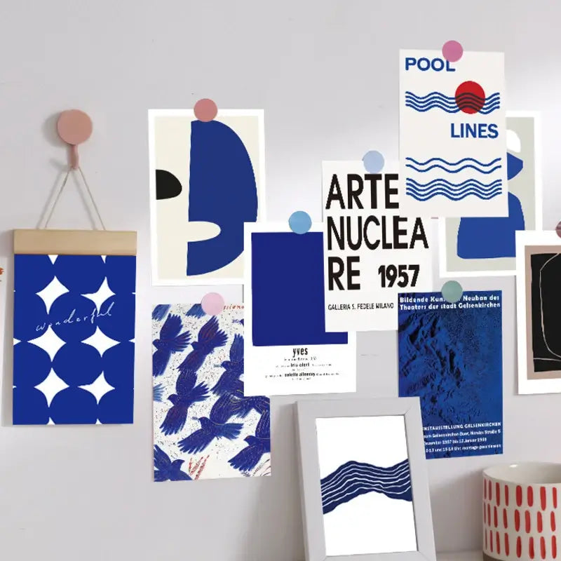minimalist modern art blue prints wall collage postcards roomtery