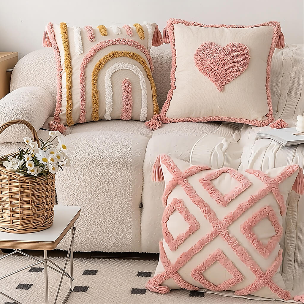 blush heart tufted throw pillow cover