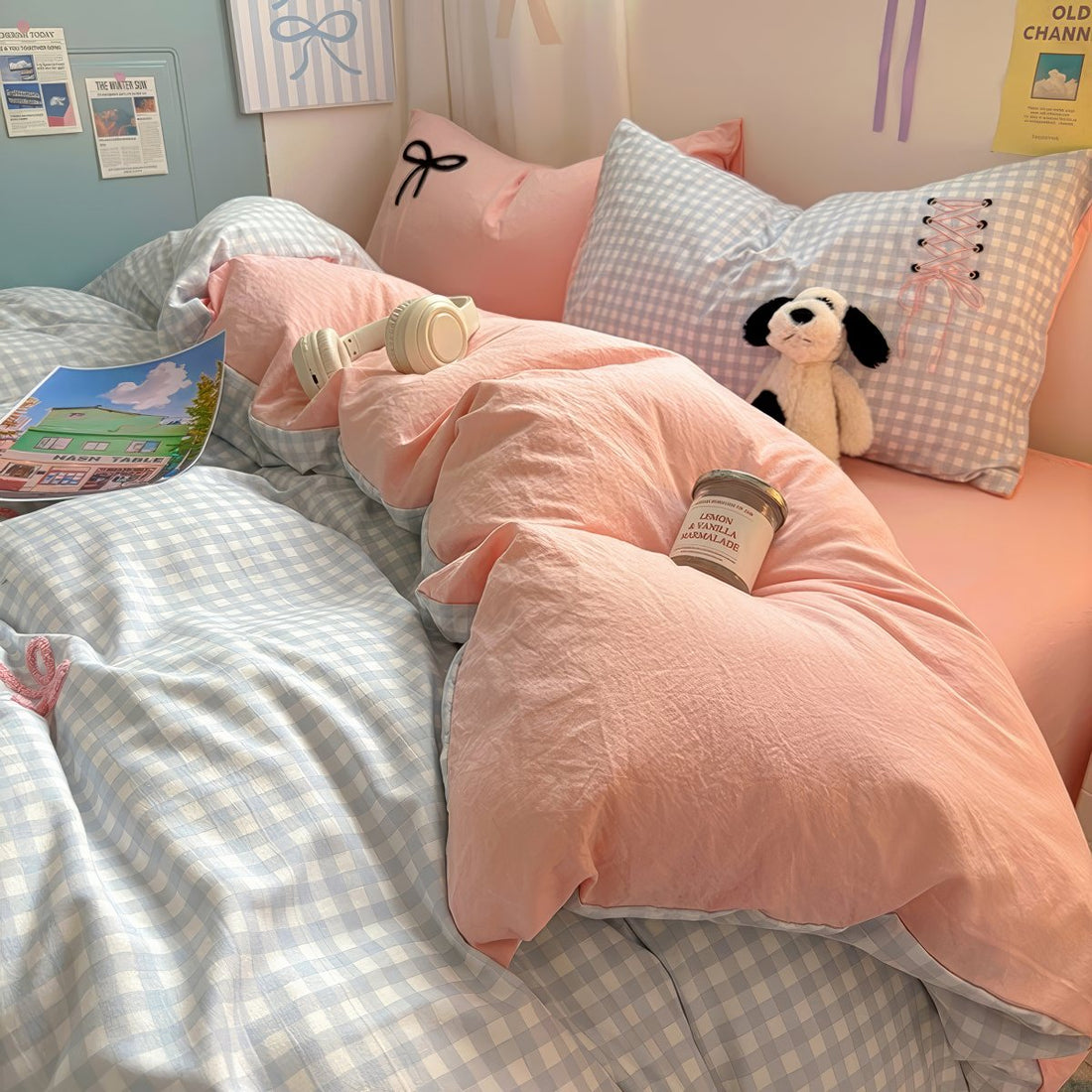 pastel checkered bedding set with kawaii embroidered bows and ribbons 