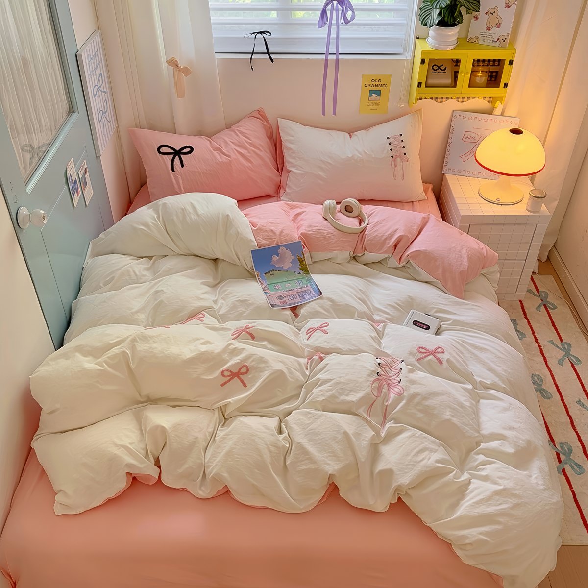 pastel checkered bedding set with kawaii embroidered bows and ribbons 