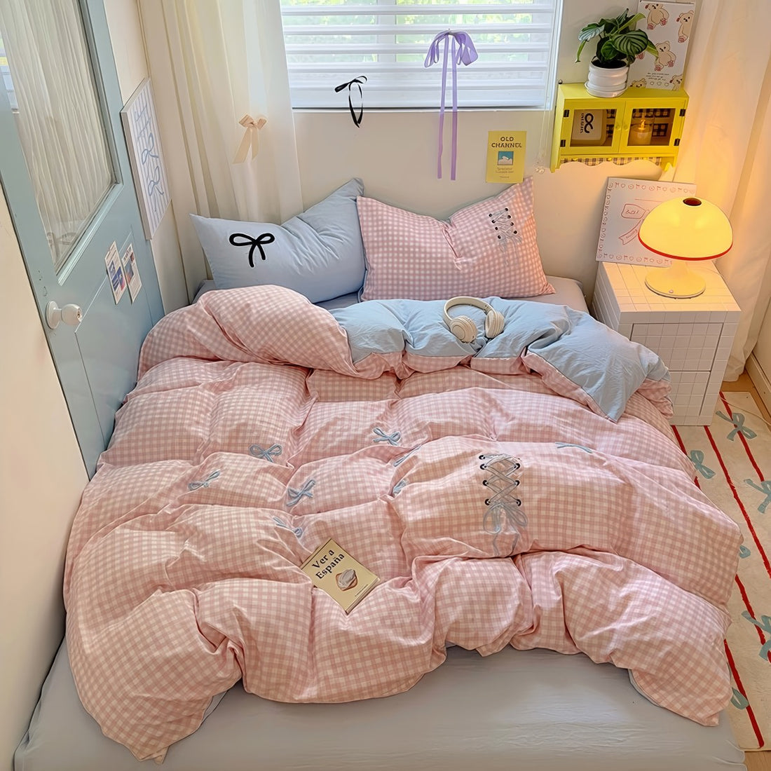 pastel checkered bedding set with kawaii embroidered bows and ribbons 
