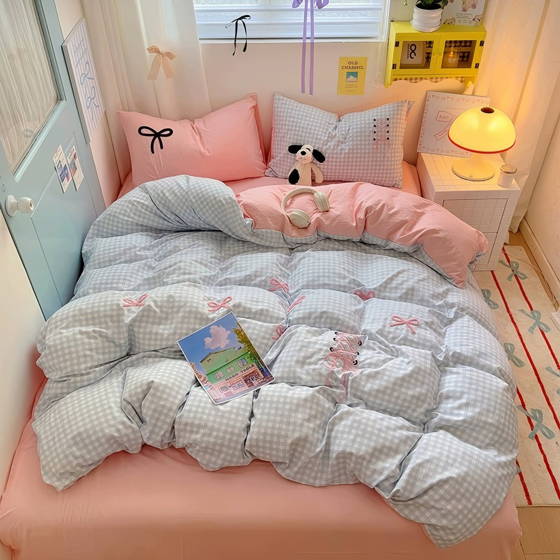 pastel checkered bedding set with kawaii embroidered bows and ribbons 
