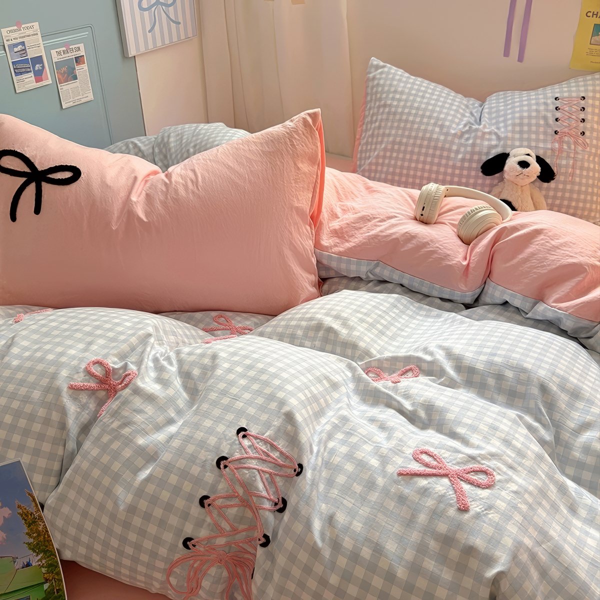 pastel checkered bedding set with kawaii embroidered bows and ribbons 