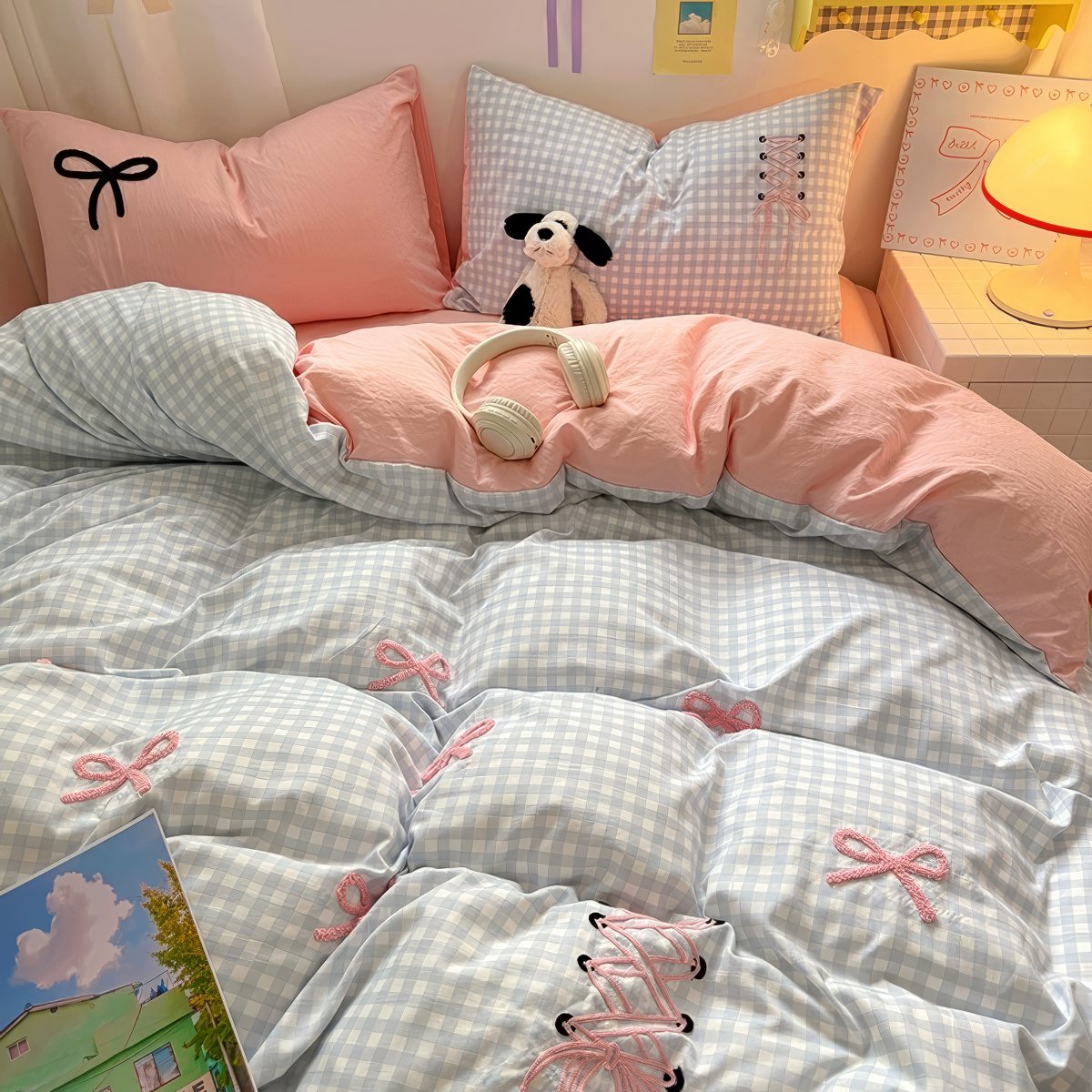 pastel checkered bedding set with kawaii embroidered bows and ribbons 
