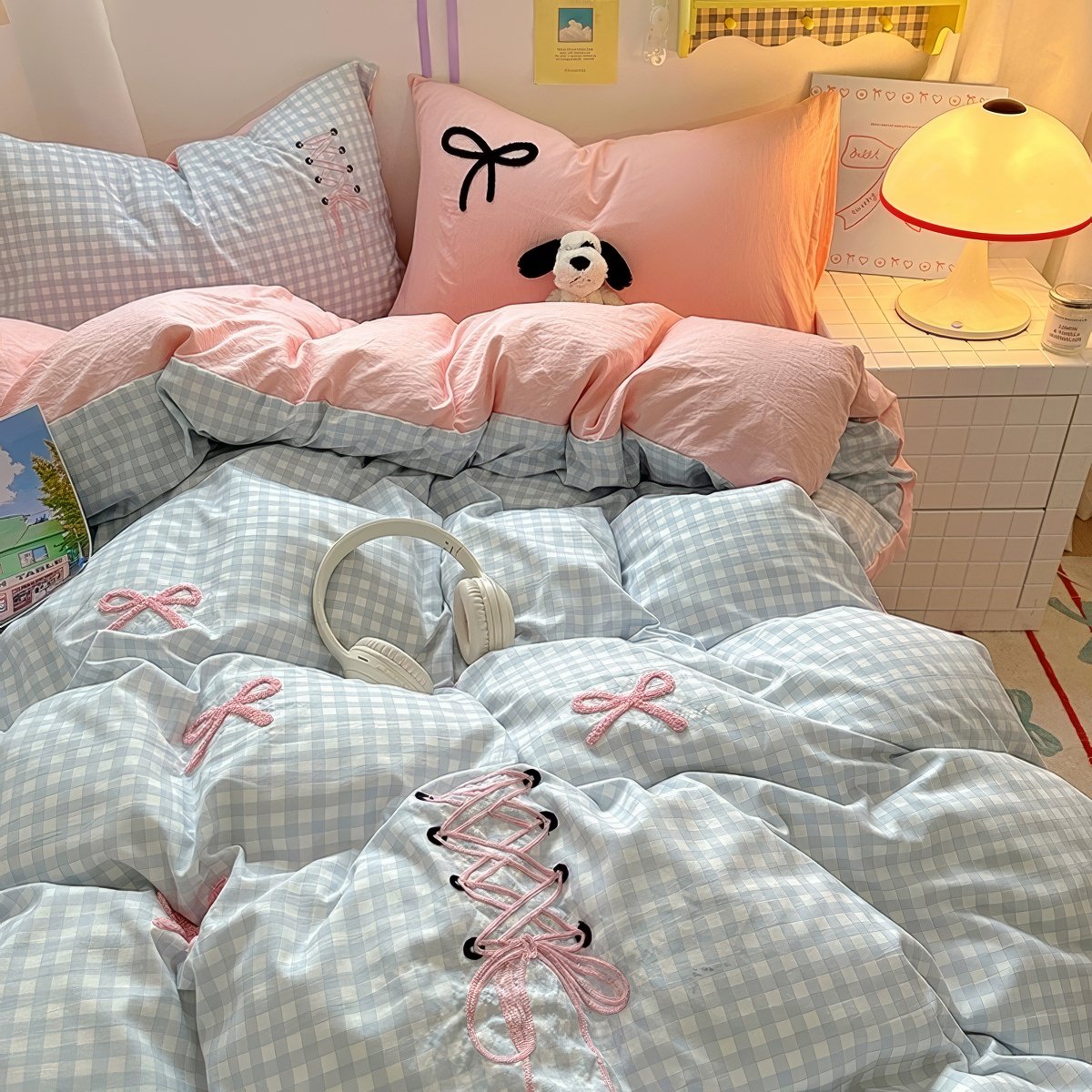 pastel checkered bedding set with kawaii embroidered bows and ribbons 