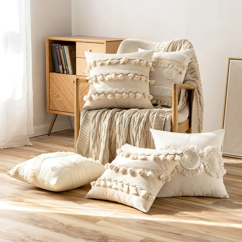 bohemian aesthetic ivory decorative cushion covers with tassels and fringe roomtery