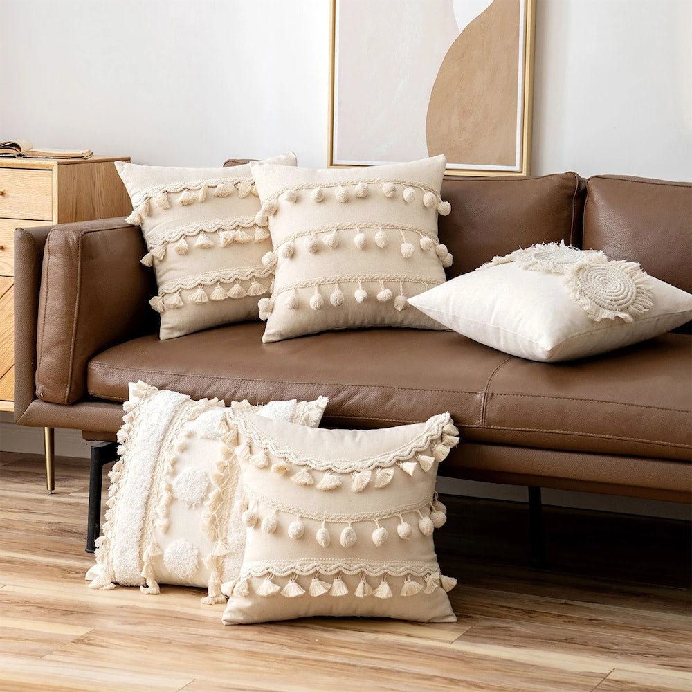 bohemian aesthetic ivory decorative cushion covers with tassels and fringe roomtery