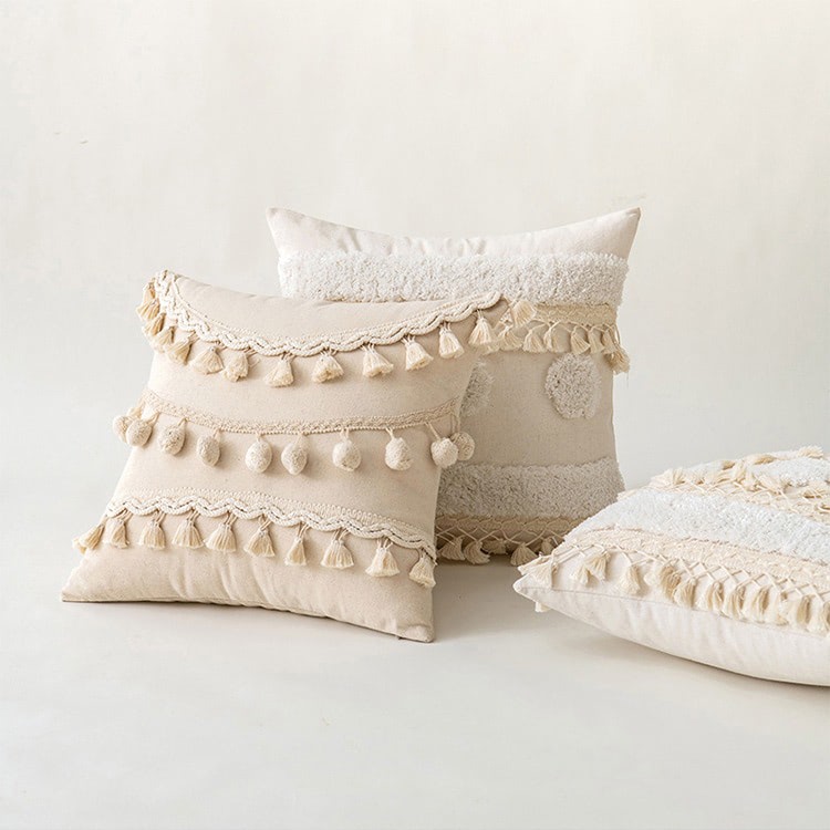 bohemian aesthetic ivory decorative cushion covers with tassels and fringe roomtery