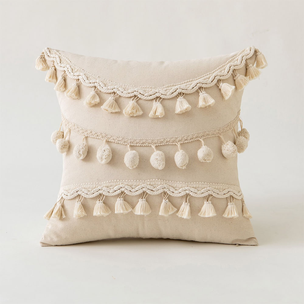 bohemian aesthetic ivory decorative cushion covers with tassels and fringe roomtery