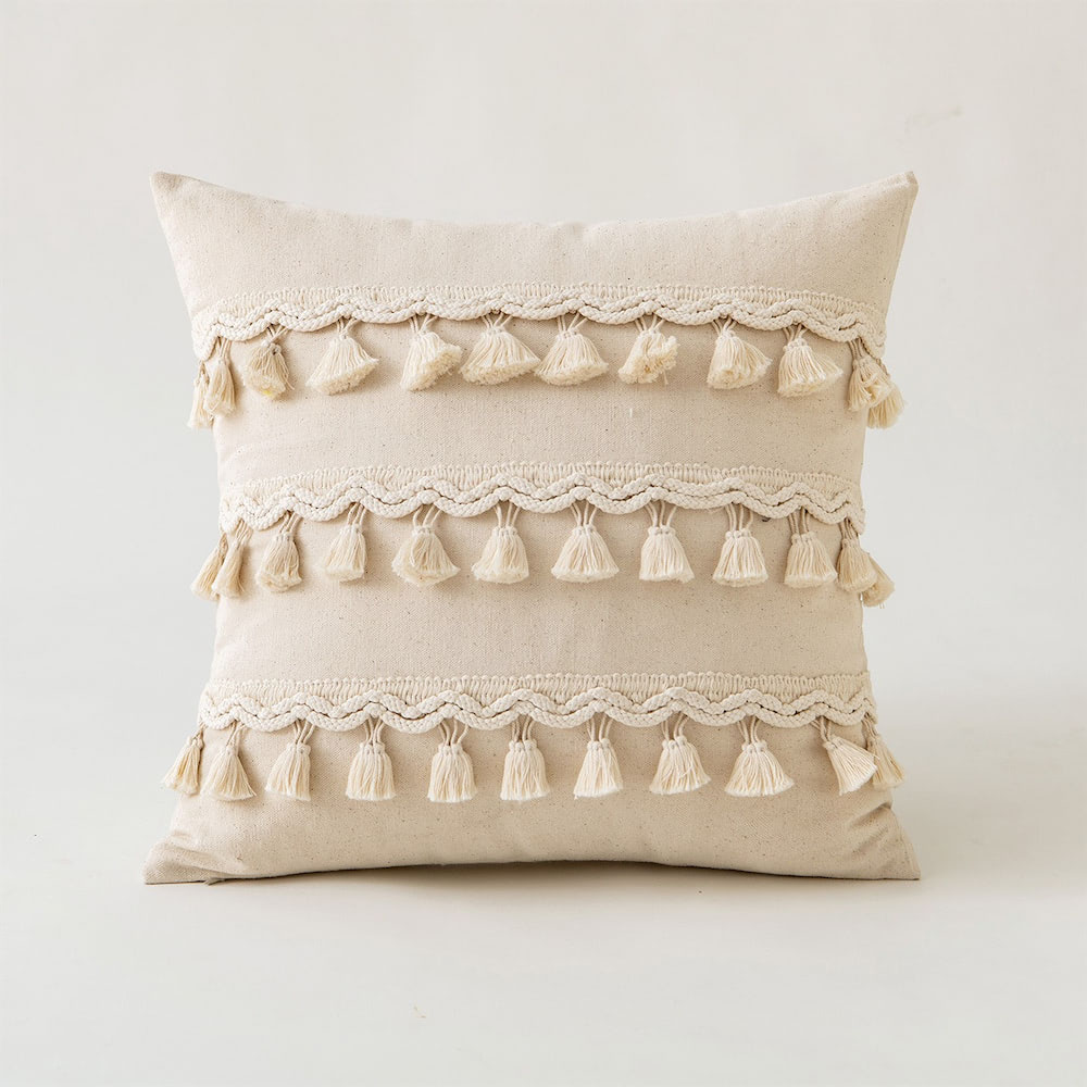 bohemian aesthetic ivory decorative cushion covers with tassels and fringe roomtery