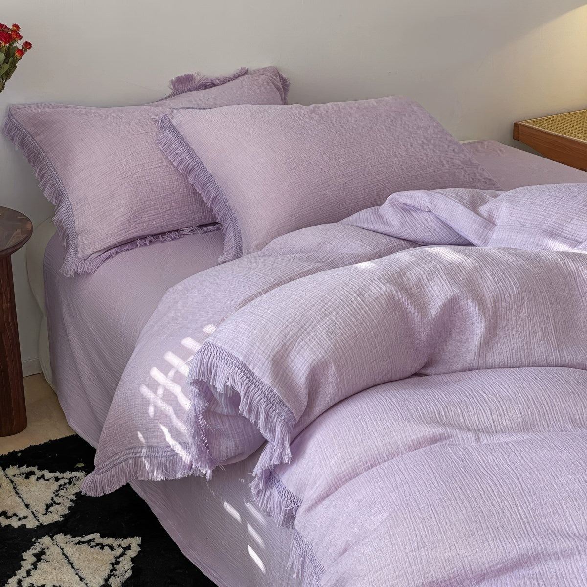 Soft washed cotton duvet cover set with fringe edges for boho aesthetic rooms