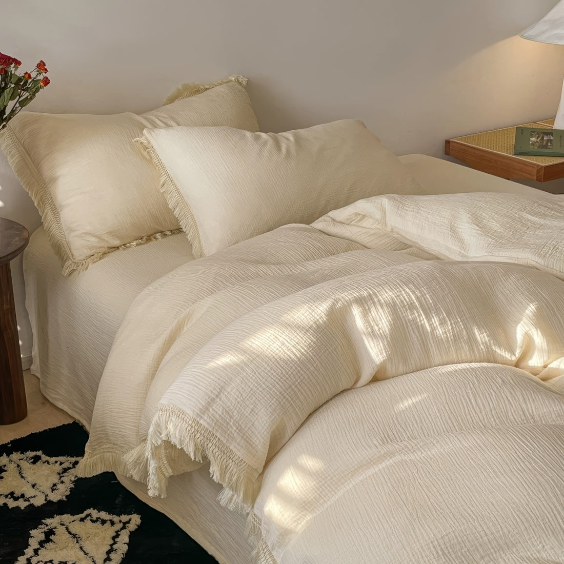 Soft washed cotton duvet cover set with fringe edges for boho aesthetic rooms