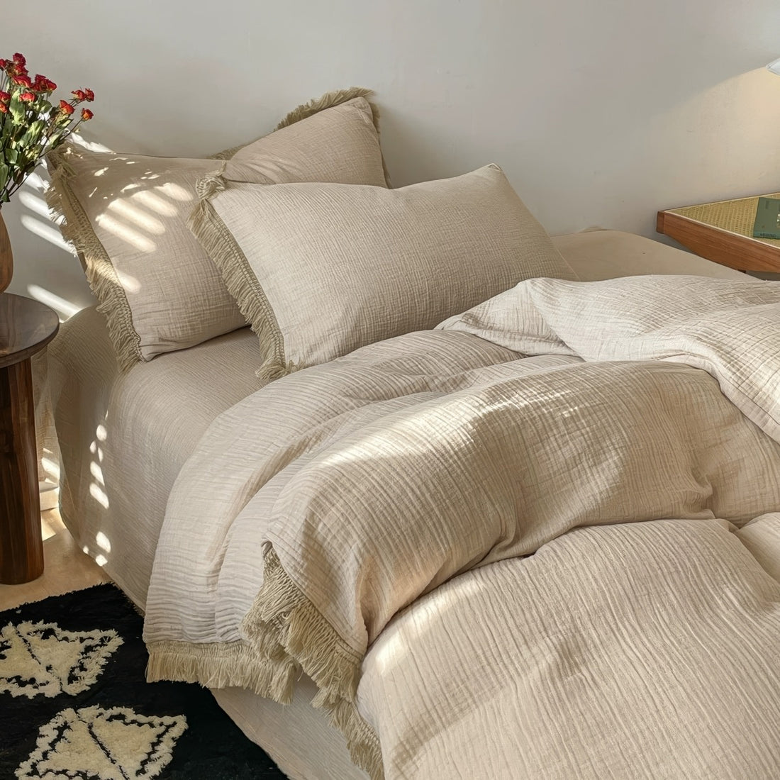 Soft washed cotton duvet cover set with fringe edges for boho aesthetic rooms