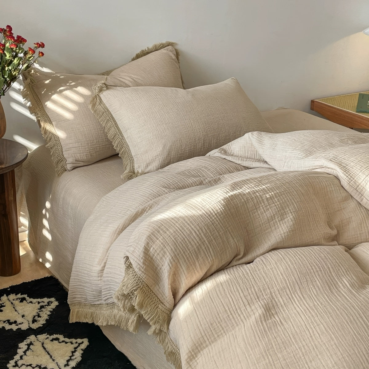 Soft washed cotton duvet cover set with fringe edges for boho aesthetic rooms