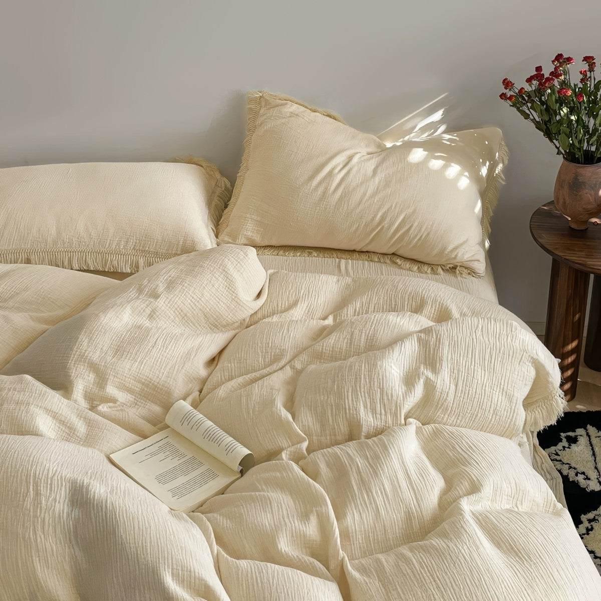 Soft washed cotton duvet cover set with fringe edges for boho aesthetic rooms