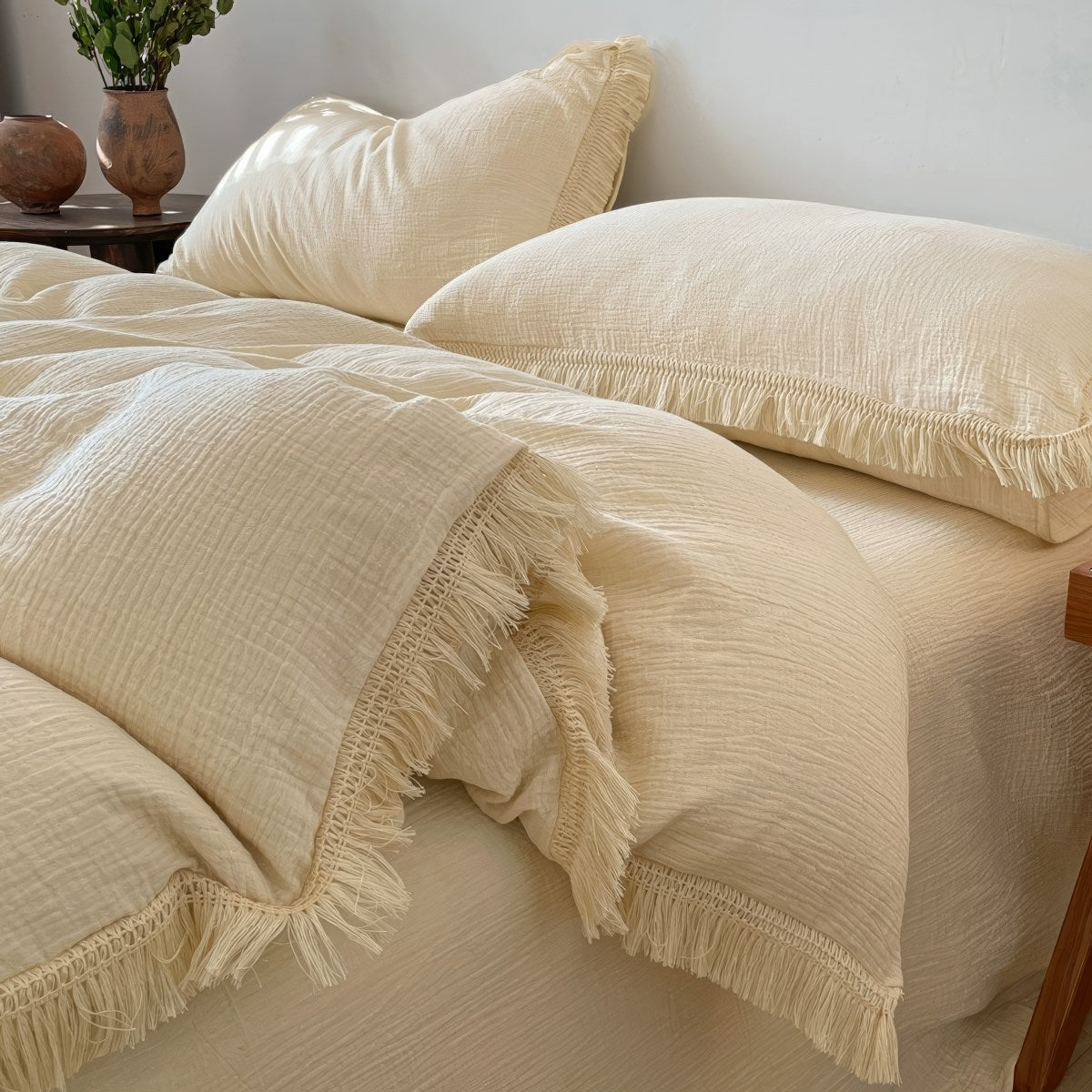 Soft washed cotton duvet cover set with fringe edges for boho aesthetic rooms
