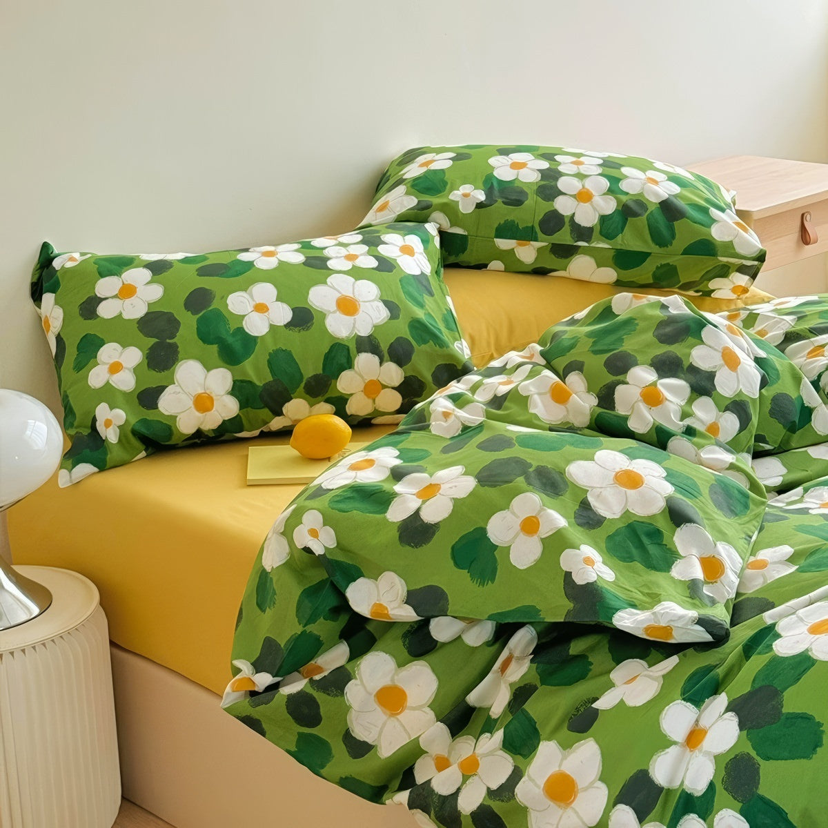 bright and colorful green and yellow daisy lawn print bedding duvet cover set