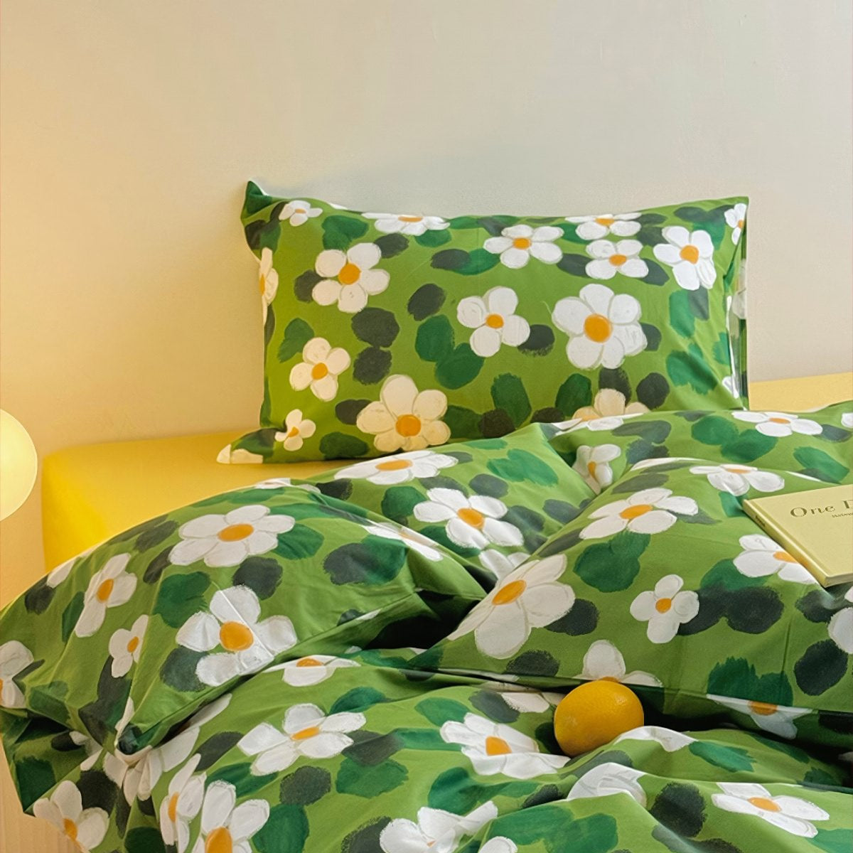bright and colorful green and yellow daisy lawn print bedding duvet cover set