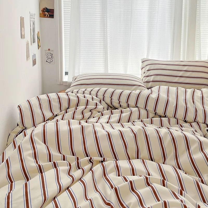 brown striped print bedding duvet cover et aesthetic room decor roomtery