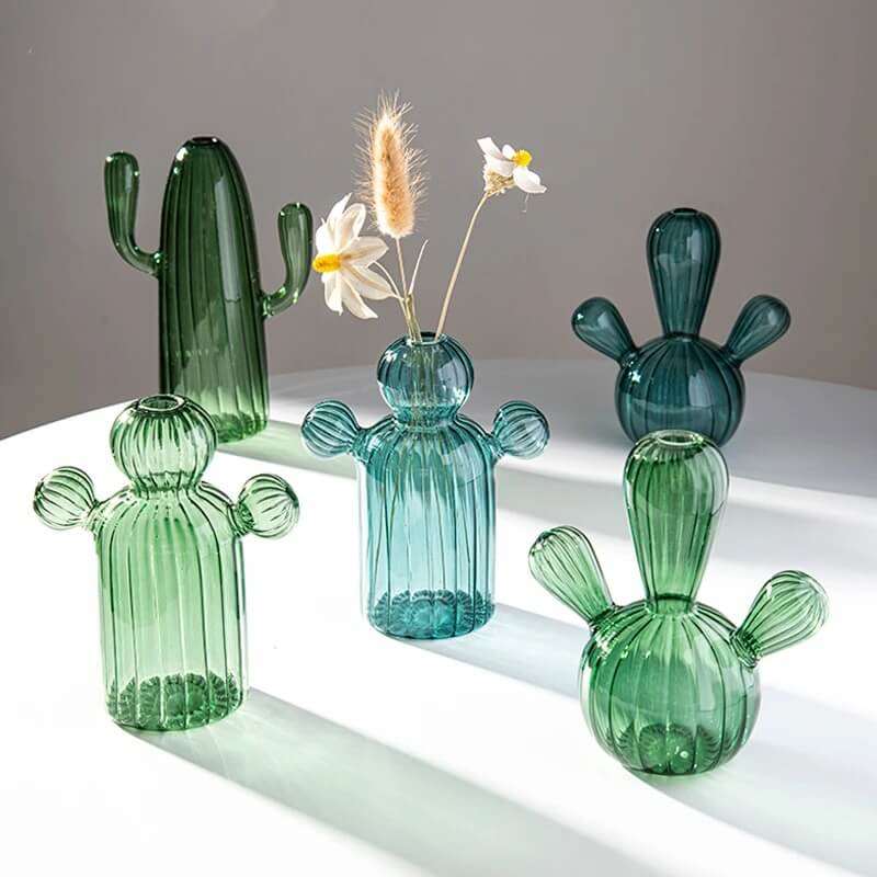 cactus shaped green and blue glass vase aesthetic decor roomtery