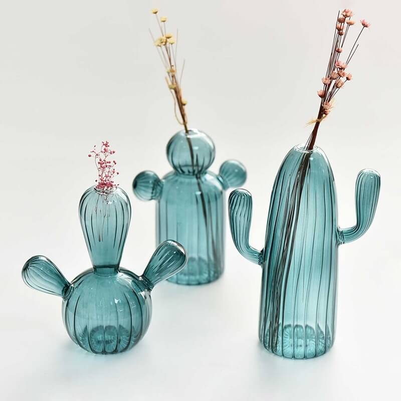 cactus shaped green and blue glass vase aesthetic decor roomtery