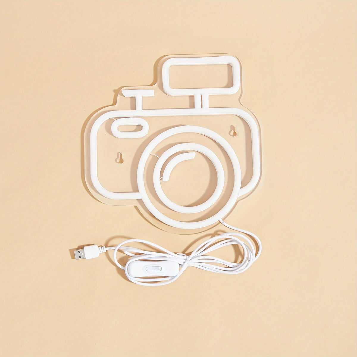 camera-shaped wall neon sign with pastel pink and blue glowing