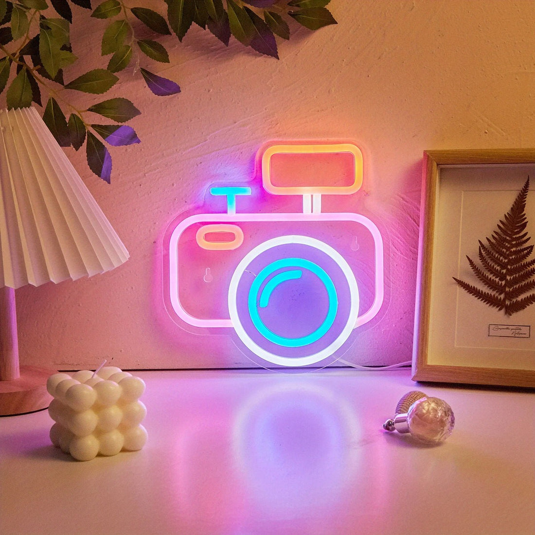 camera-shaped wall neon sign with pastel pink and blue glowing